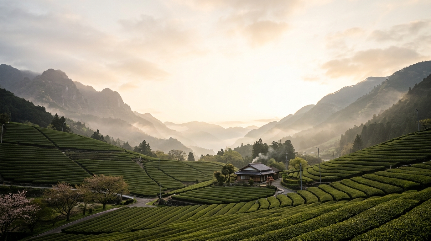Japanese tea fields at sunrise with misty mountains